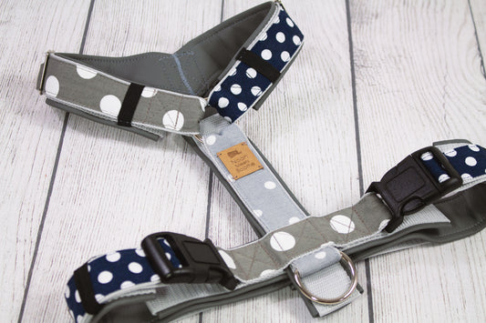 Hundegeschirr GREY SHADES Punkte-Muster grau dunkelblau, weich gepolstert
