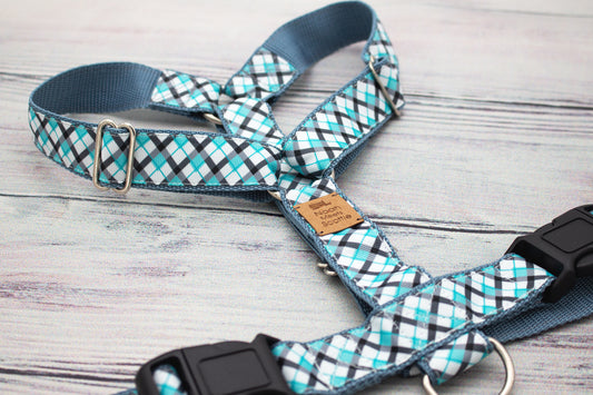 Hundegeschirr GREYSHORE in Grau, Türkis und Weiß mit Karomuster, verstellbar und robust