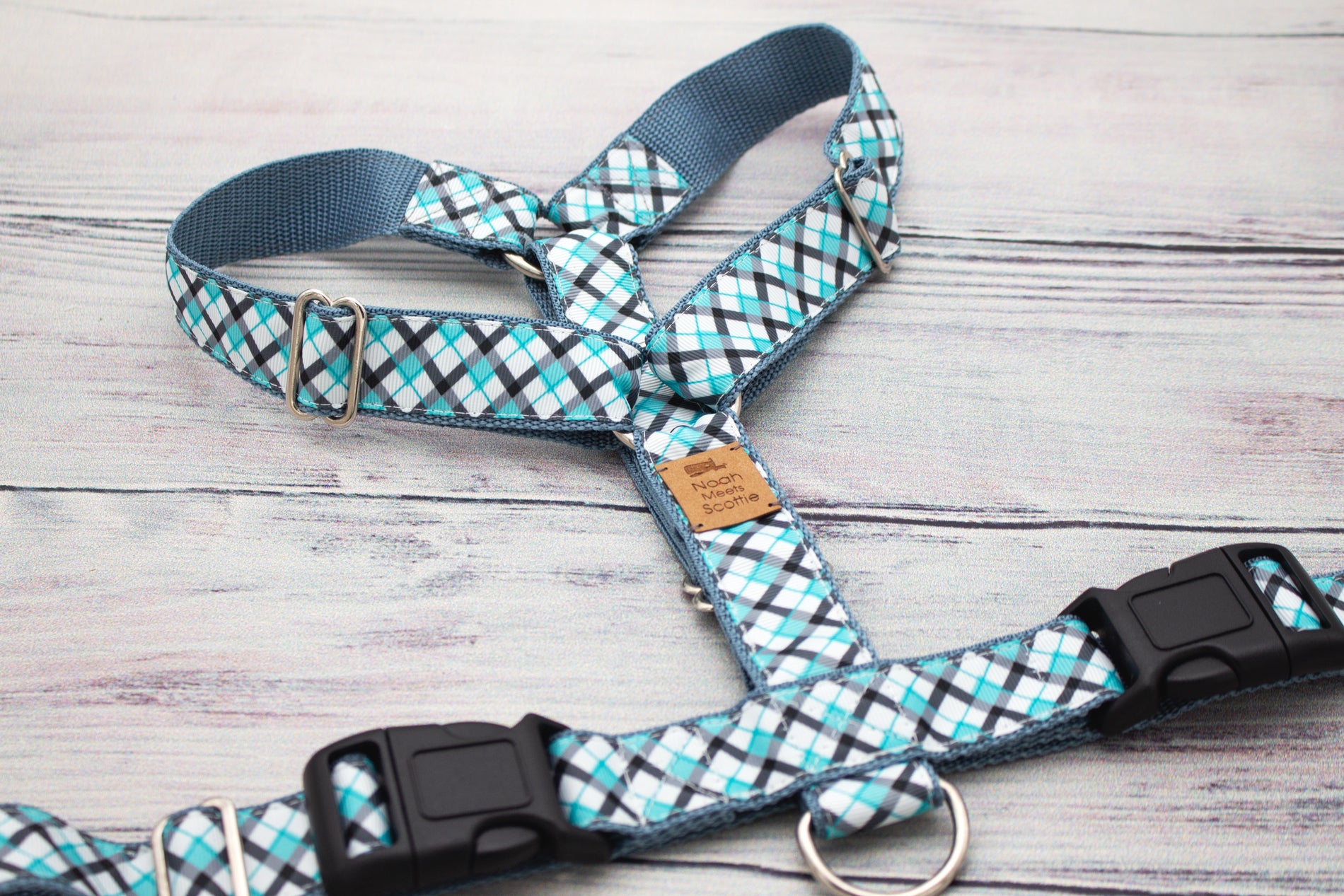Modernes Hundegeschirr GREYSHORE mit kariertem Design in Türkis-Grau-Weiß von Noah meets Scottie