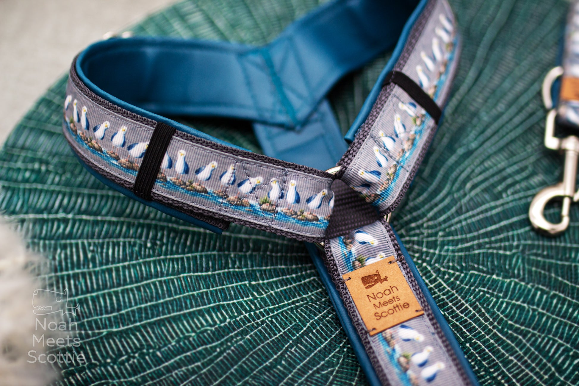 Komplettes Gassi-Set Henry mit passendem Hundehalsband und Hundeleine im maritimen Möwenmuster Stil.