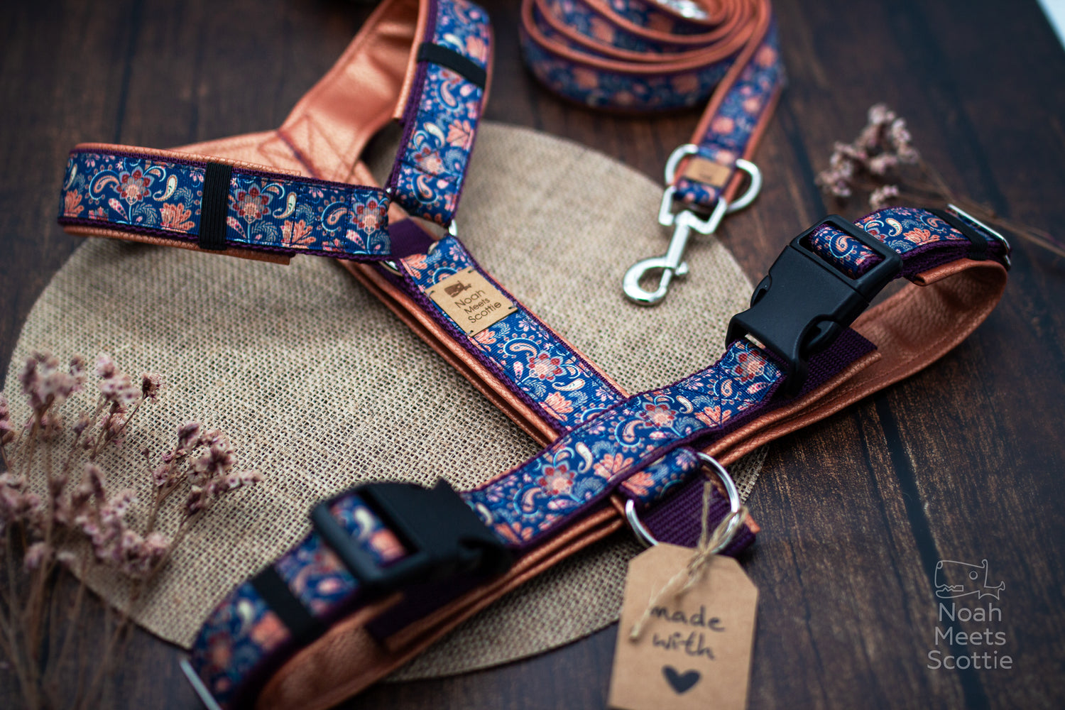 Paisley Hundegeschirr mit passender Leine Bronze Blau Vintage Stil Hundezubehör