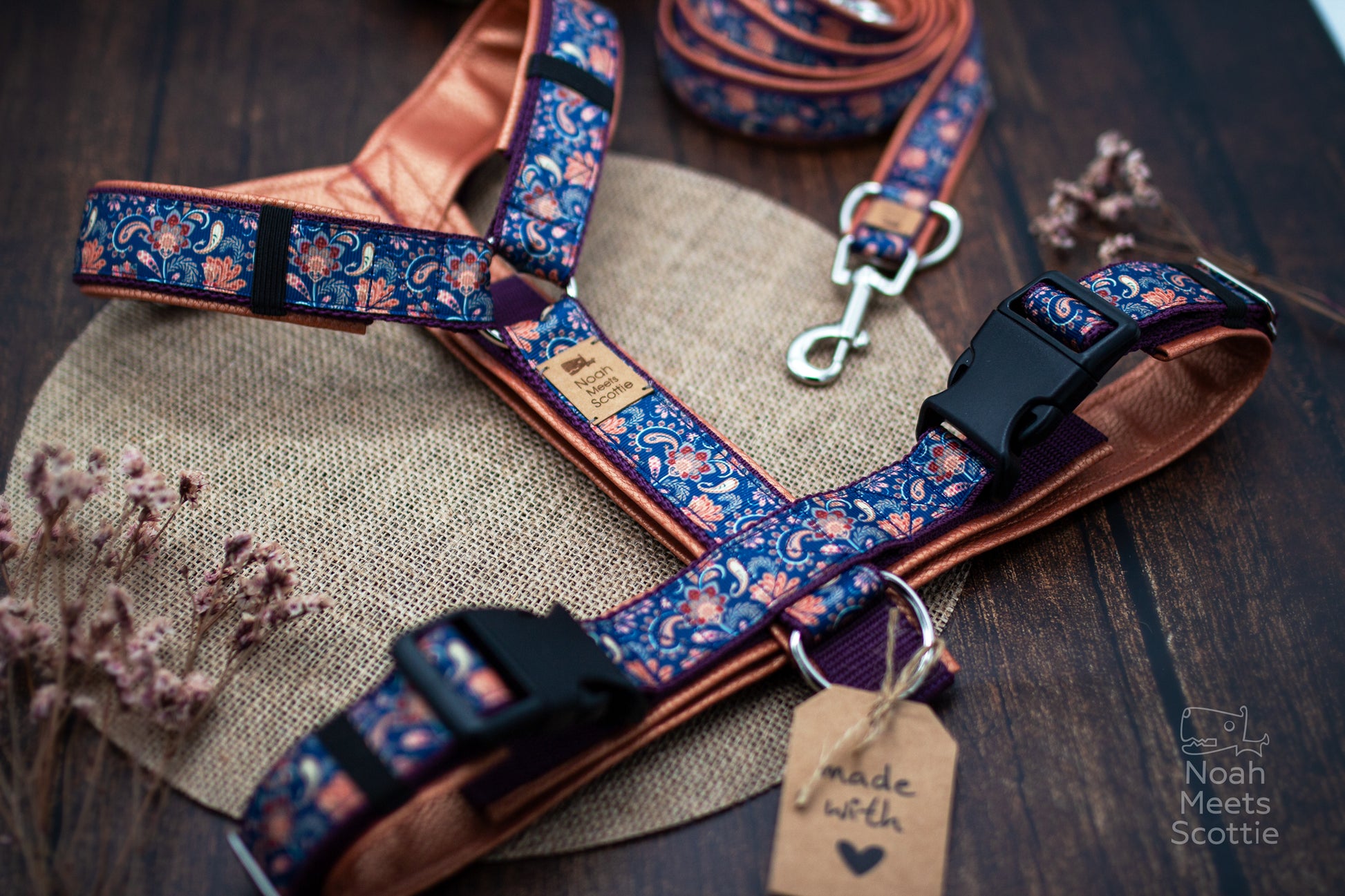 Paisley Hundegeschirr mit passender Leine Bronze Blau Vintage Stil Hundezubehör