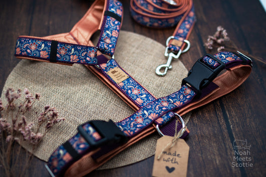 Paisley Hundegeschirr mit passender Leine Bronze Blau Vintage Stil Hundezubehör
