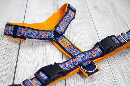 Hundegeschirr KOI asiatisches Muster mit Fischen orange blau, gepolstert und verstellbar