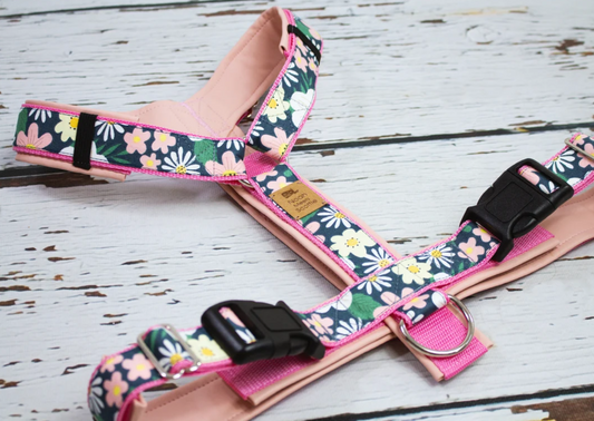 Hundegeschirr LILLIBET Blumen Rosa und Blau, gepolstert, verstellbar und romantisch