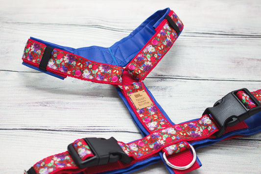 Hundegeschirr LINDA mit rotem Blumenmuster und royalfarbenem Kunstleder, gepolstert