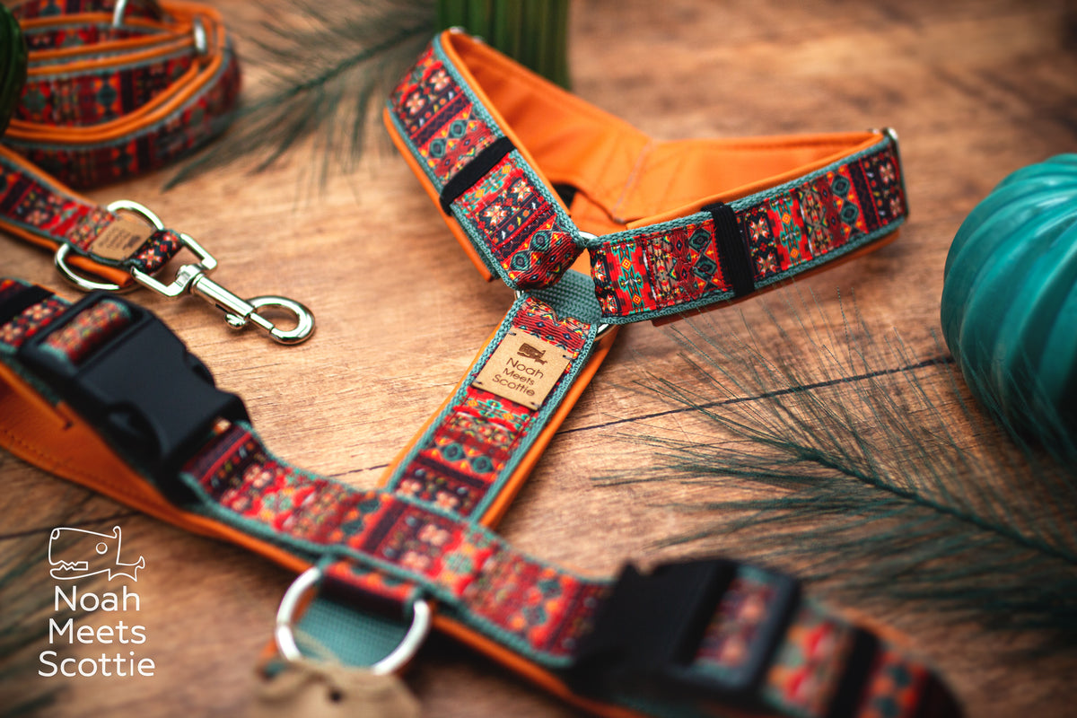 Hundegeschirr mit geometrischem Muster und orangefarbenem Kunstleder auf der Innenseite