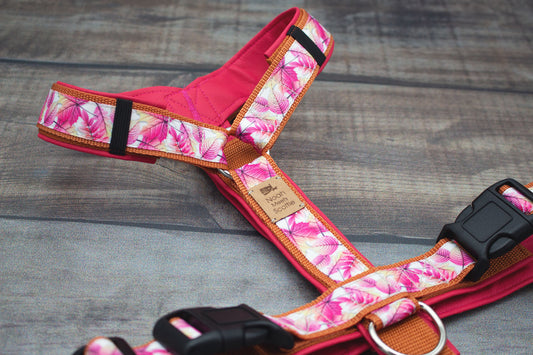 Hundegeschirr LOVE LEAVES pinkes Blätter-Design, weich gepolstert und verstellbar – robuste Ausführung