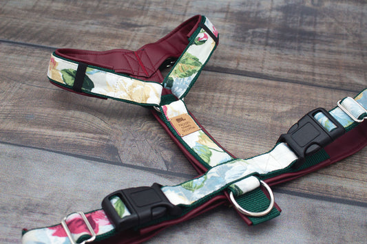Hundegeschirr LUISA mit barockem Blumenmuster in Creme und Grün, elegant mit rotem Kunstleder