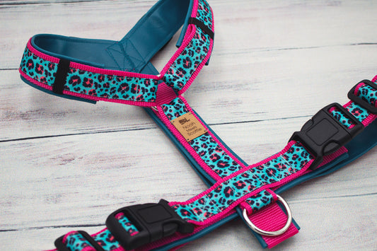 Hundegeschirr MALA Leoparden Animal Print in Türkis und Pink, weich gepolstert, verstellbar und robust