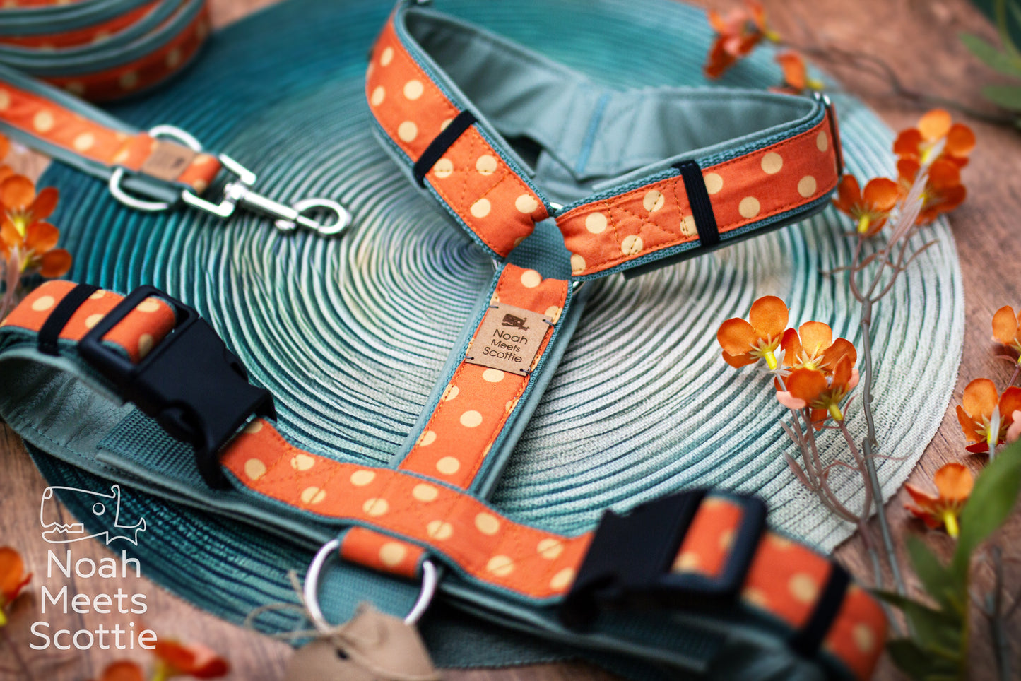 Hundegeschirr mit orangefarbenem Design, Kunstlederpolsterung und klassischem Punktemuster
