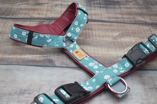 Hundegeschirr MEGAN in Teal mit weißen Blumenranken, gepolstert und verstellbar