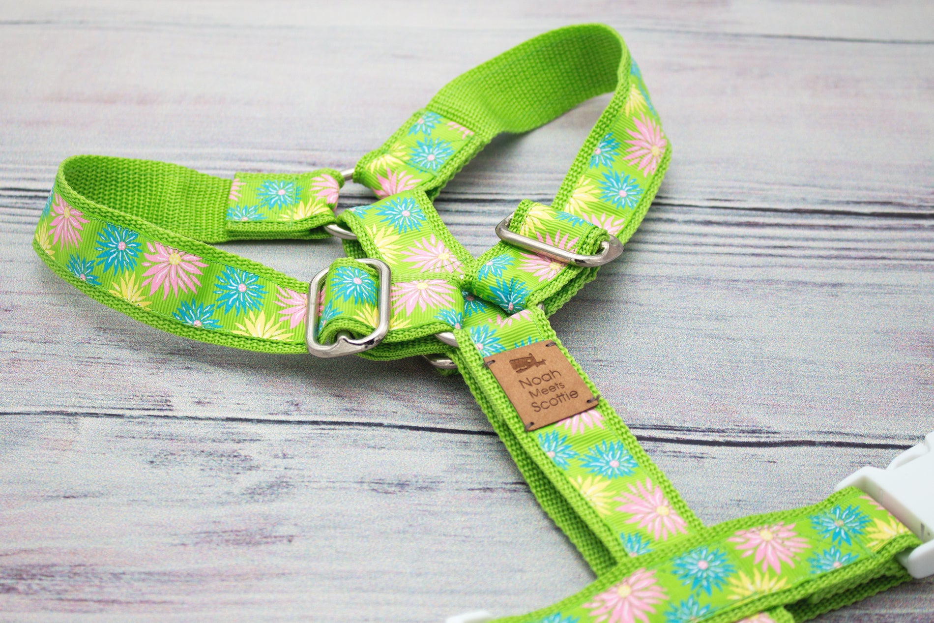 MIRA Hundegeschirr mit lebendigen Blütenmotiven in Pink, Blau und Weiß auf grünem Gurtband; modernes, leichtes Design im frühlingsinspirierten Look für hochwertige Hundemode.