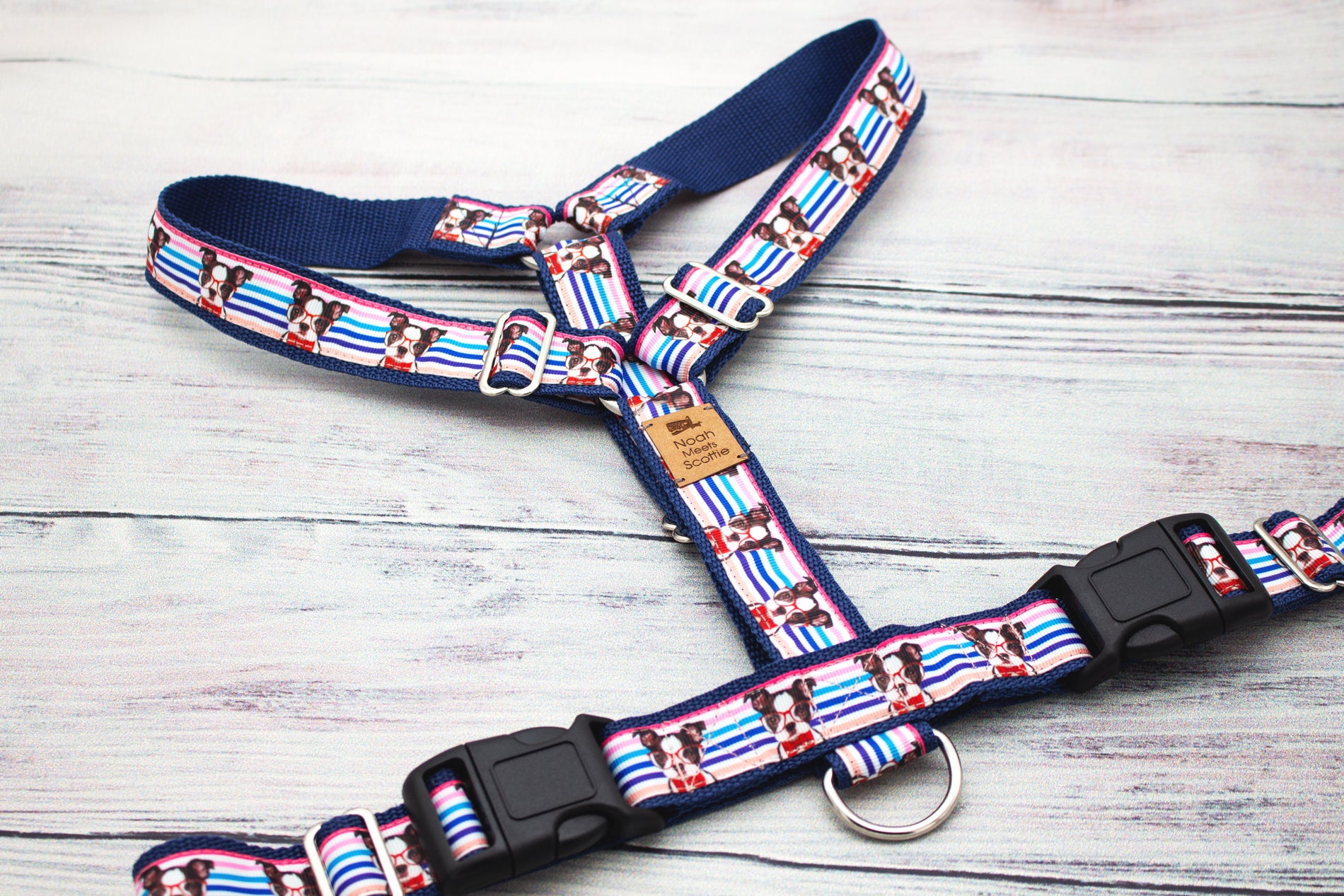 Modernes Hundegeschirr MISTER KNOWITALL mit blau-weiß-pinkem Muster und Boston-Terrier-Illustrationen