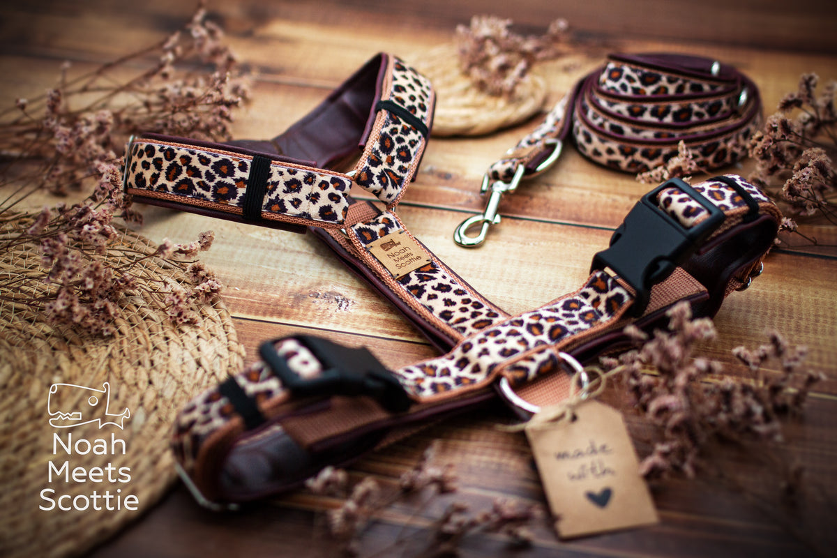 Detailaufnahme des Hundegeschirrs NINE LIVES CLUB mit samtig fühlbarem Leopardenmuster in warmen Beige- und Brauntönen.