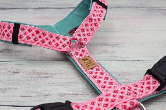 Hundegeschirr OPHELIA romantisches Rosenmuster in Rosa und Mint, weich gepolstert und verstellbar