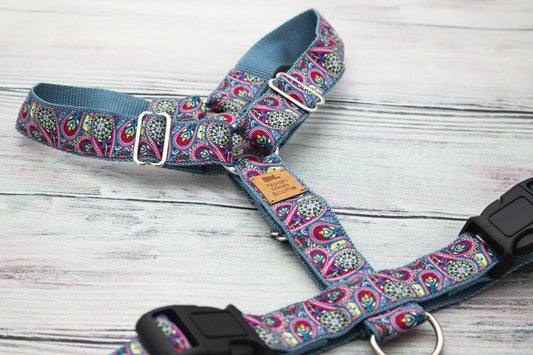 Hundegeschirr PAWLEY PRINT mit Paisley Muster in Blau, Pink und Grün, leicht und verstellbar