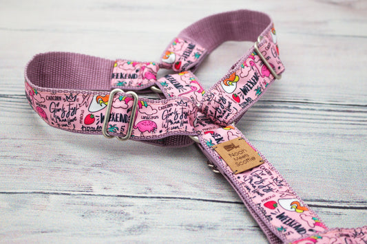Hundegeschirr PAWLIDAYS in Rosa mit Flamingo-Design, sommerlich und verstellbar