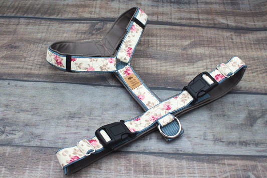 Hundegeschirr ROMY mit Rosen Muster in Creme und Grau, gepolstert