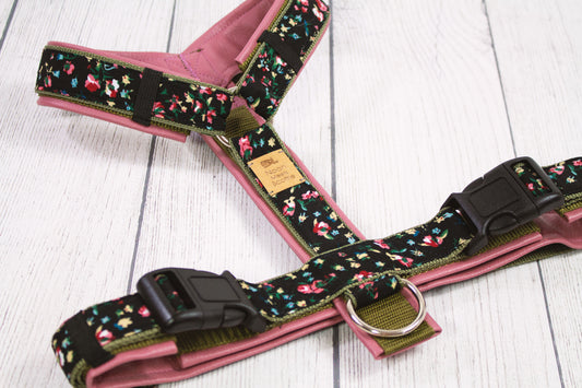 Hundegeschirr ROSALIE Blumenmuster schwarz altrosa, gepolstertes Kunstleder, robust