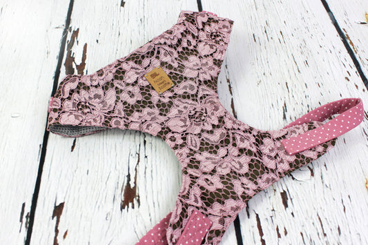Hundegeschirr Rosé Lace in rosa mit olivgrüner Spitze und gepunkteten Riemen, weich gefüttert