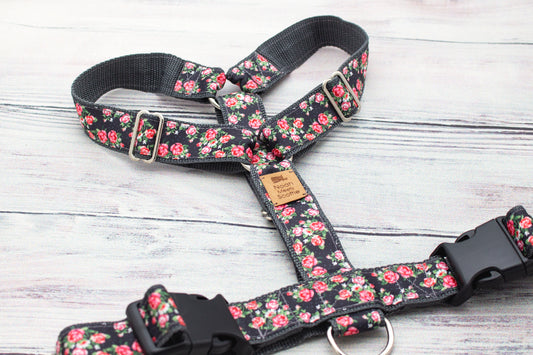 Hundegeschirr ROSIE’S GARDEN mit Rosenmuster in Rot und Weiß auf schwarzem Grund im Landhaus-Stil