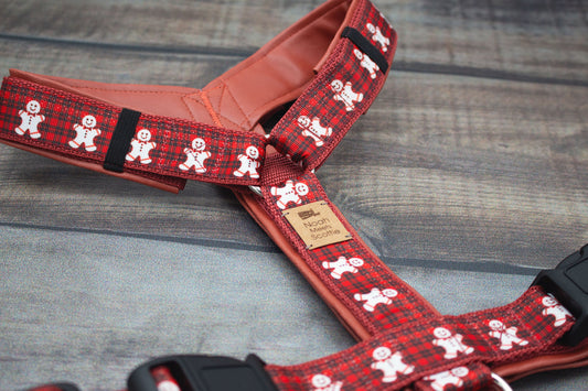 Hundegeschirr RUPERT kariertes Weihnachts-Design mit Lebkuchenmännern, rot, weich gepolstert und verstellbar