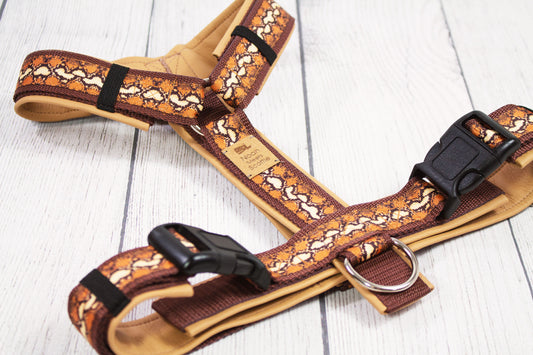 Hundegeschirr SNAKE Schlangen-Muster orange braun, gepolstert, komfortabel und robust