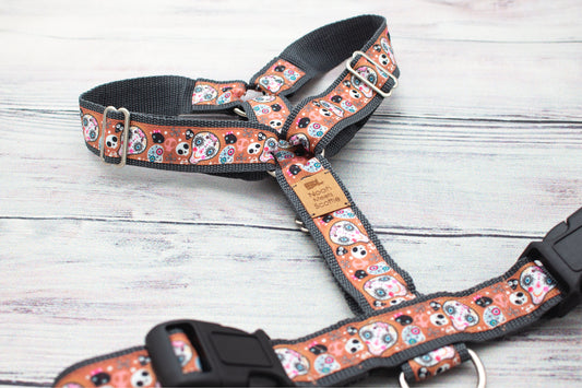 Hundegeschirr SUGAR SKULLS in Orange mit Totenkopf-Muster, verstellbar und robust
