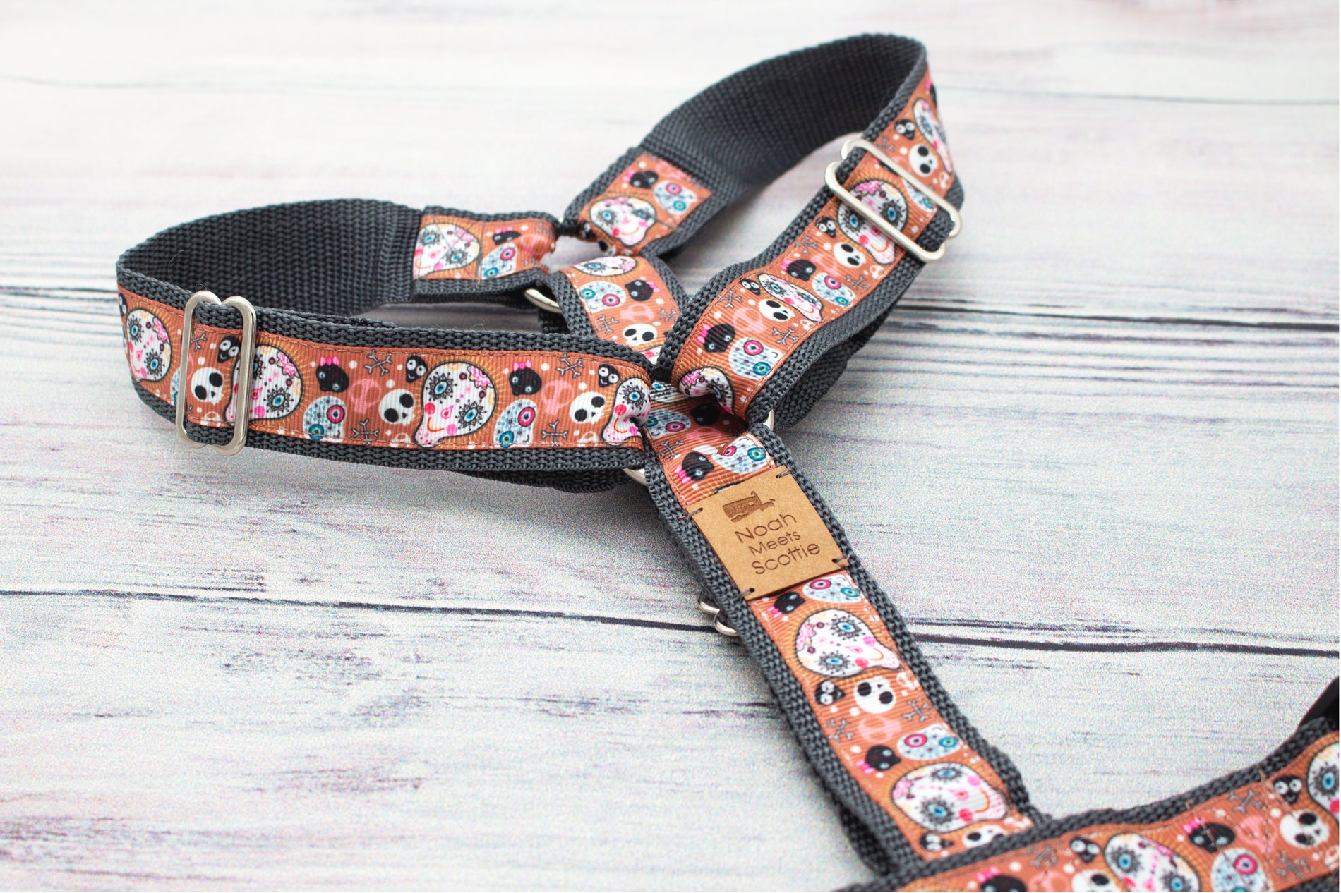 Hundegeschirr Sugar Skulls, auffälliges Design in Orange und Schwarz, leicht und stabil