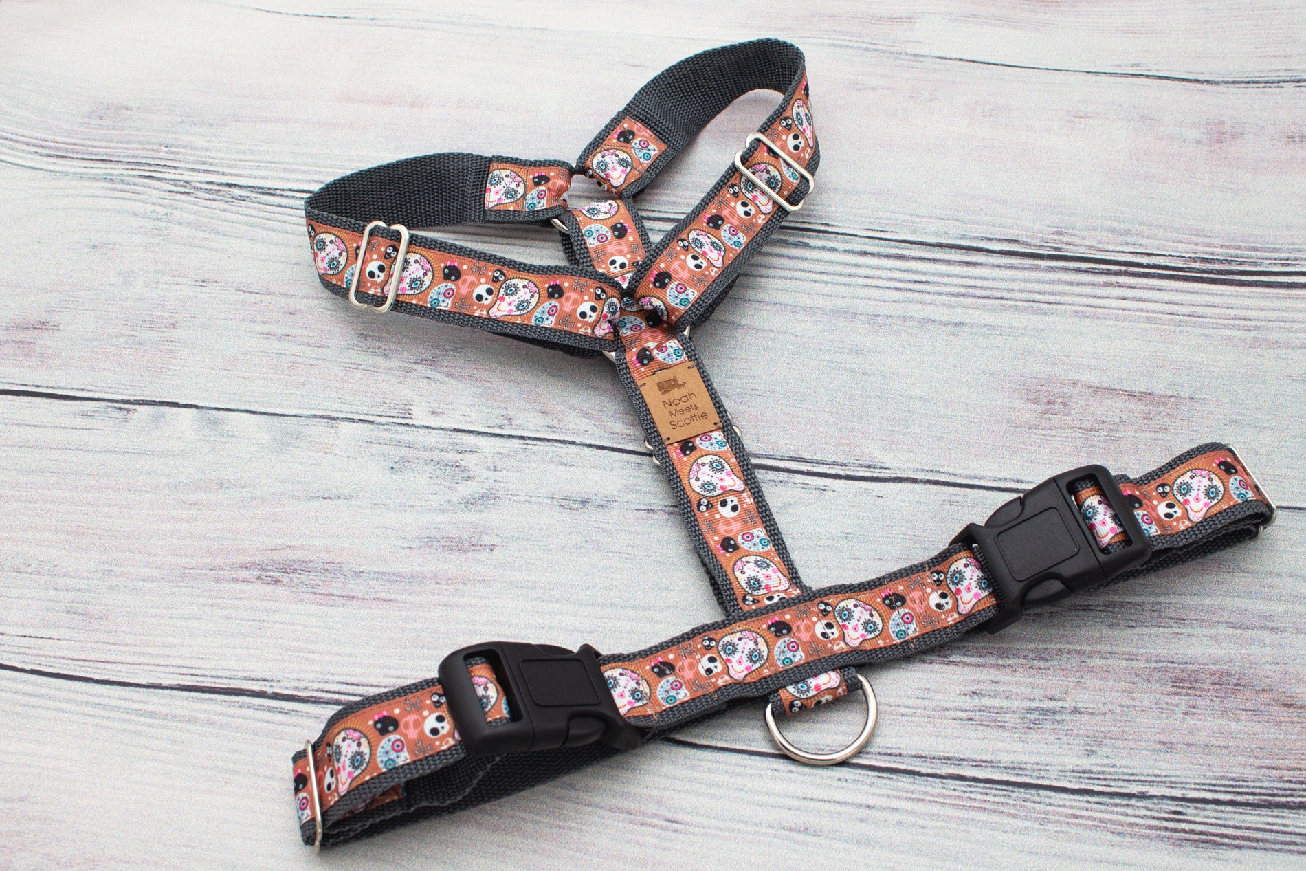 Hundegeschirr mit bunten Totenköpfen, modern, bequem und perfekt für Halloween