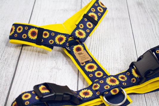 Hundegeschirr SUN BUN Sonnenblumen-Muster dunkelblau gelb, gepolstertes Kunstleder, robust