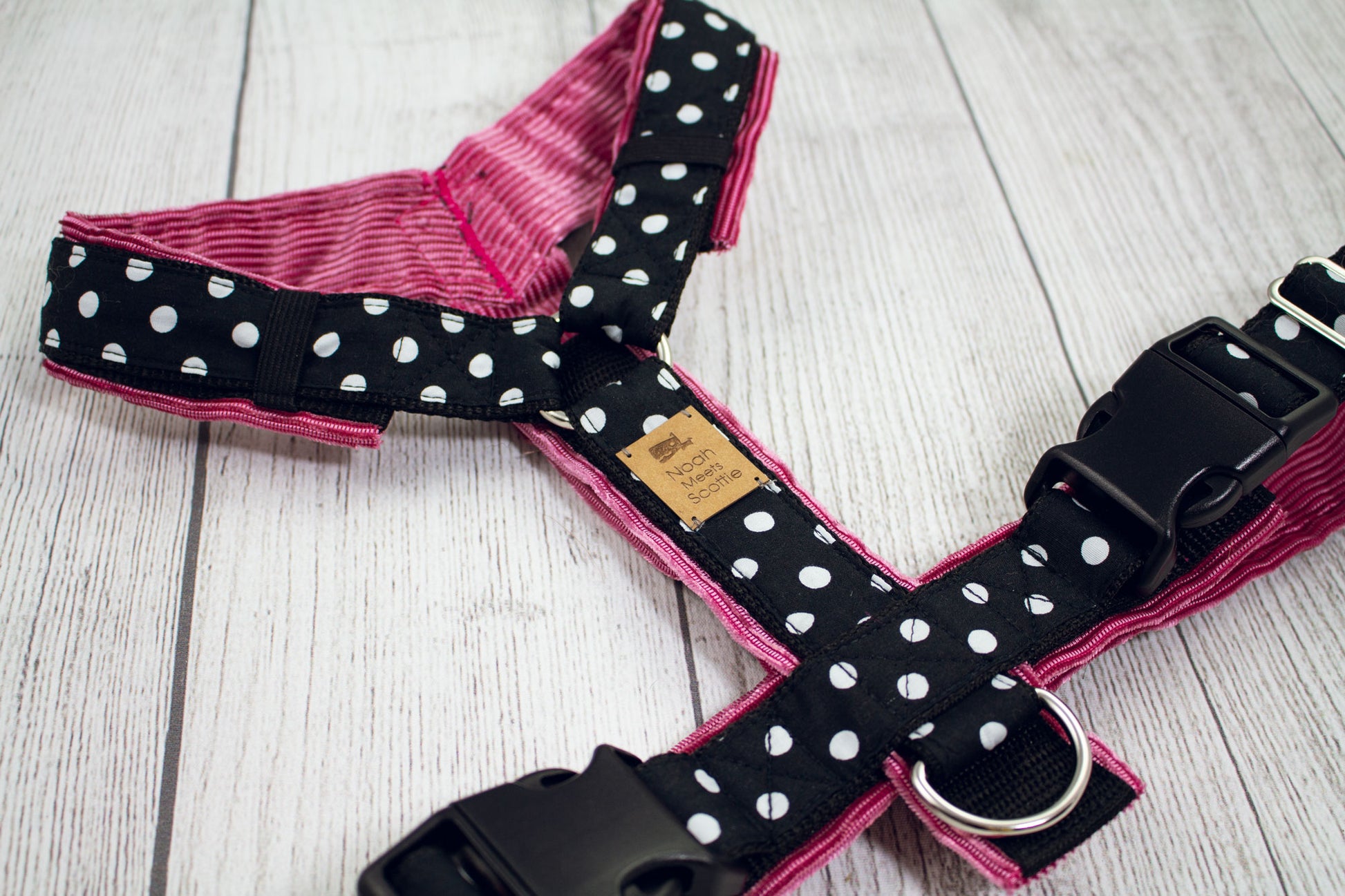 Hundegeschirr THE PINK BLACK Punkte-Muster schwarz pink, gepolsterter Cordstoff, robust