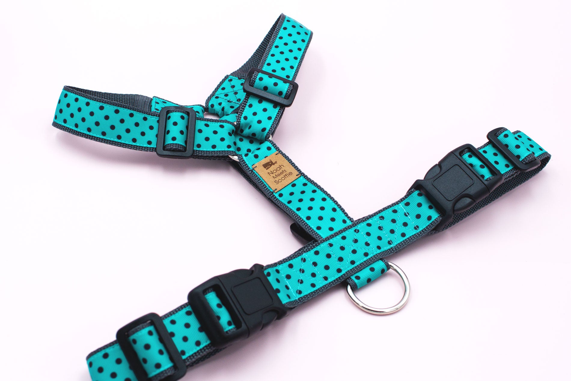 Hundegeschirr Türkis Polka Dots mit dunklem Gurtband, leicht und komfortabel