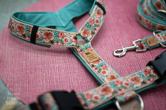 Hundegeschirr Blumenmuster Vintage VADA mit mintfarbenem Kunstleder