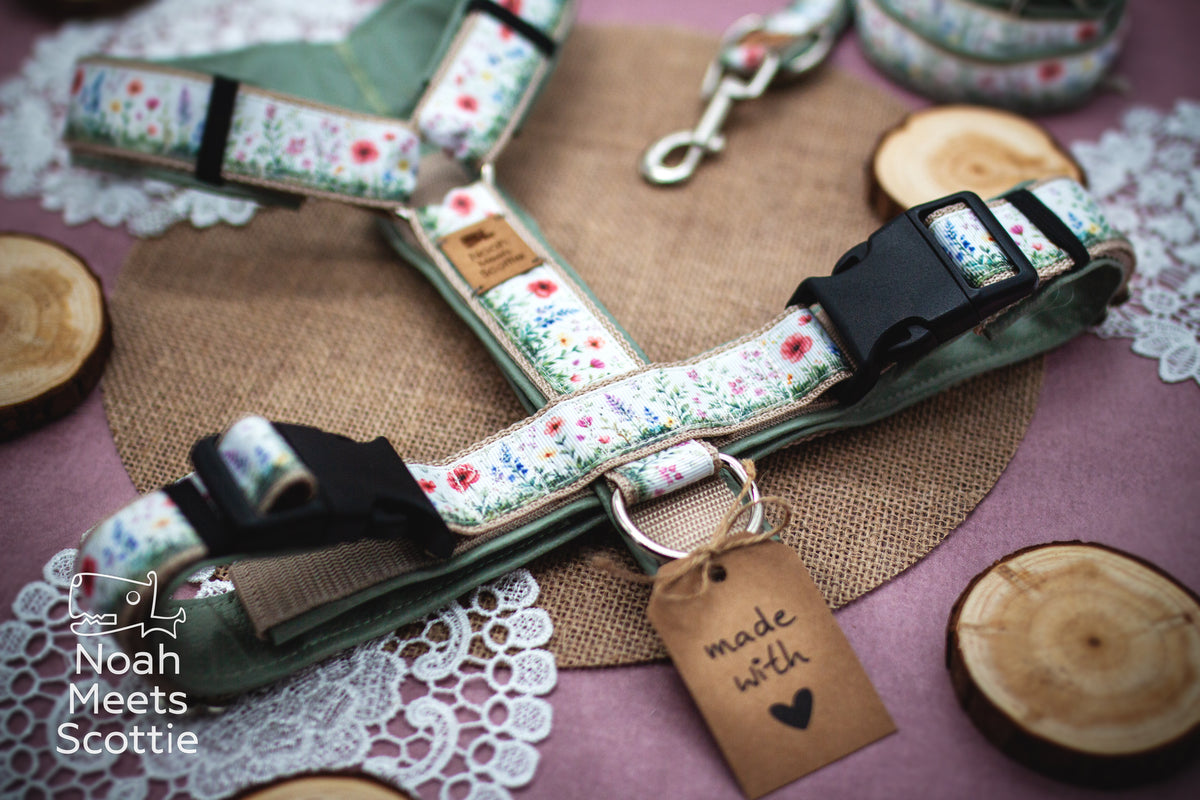 Nahaufnahme des bunten Wildblumenmusters auf dem hellen Gurtband des Hundegeschirrs WILDFLOWER WHIMSY.