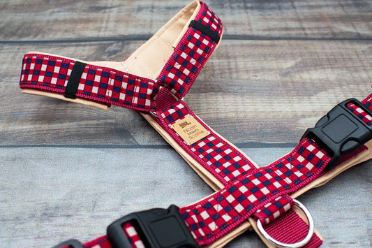 Hundegeschirr WILLIAM Schottenkaro in Rot Beige Blau, helle Polsterung, gepolstert und verstellbar