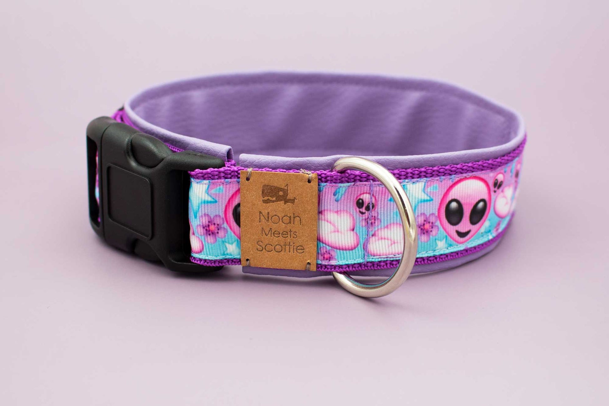 Hundehalsband BELIEVE mit Alien-Design in Rosa, Flieder und Hellblau, verziert mit Sternen und Wolken – Frontansicht