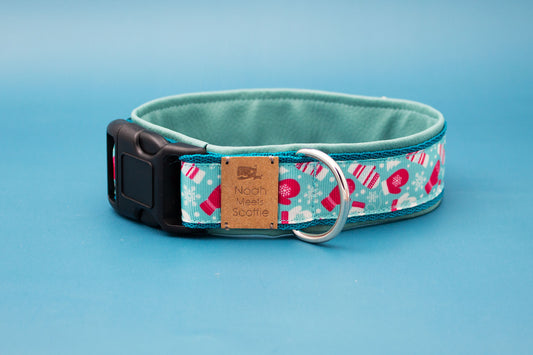 Hundehalsband CRISPY COLD mit Winterdesign, Handschuhen und Schneeflocken in Mintgrün Pink – Frontansicht