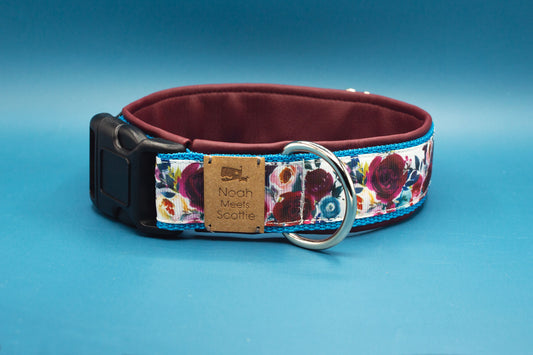 Hundehalsband DARLA mit Rosen- und Blumenmuster in Bordeaux, Petrol und Rosa