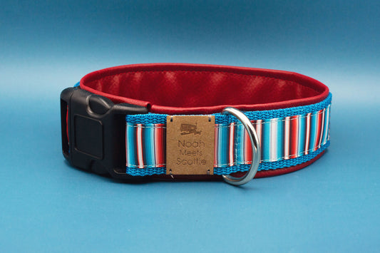Hundehalsband DEXTER mit Streifenmuster in Rot, Blau und Weiß