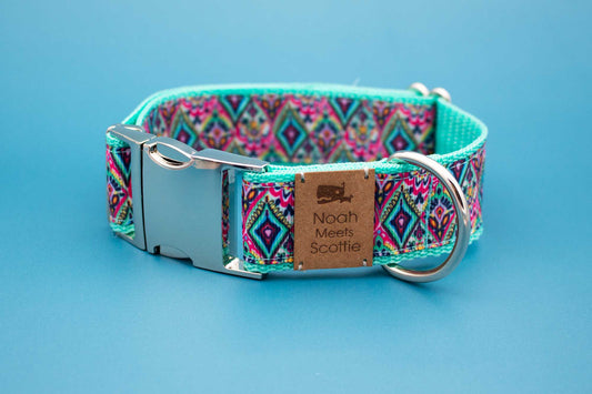 Hundehalsband FARBENGLÜCK – Paisley Motiv in Türkis, Mint und Pink, bunt, boho, robust, verstellbar
