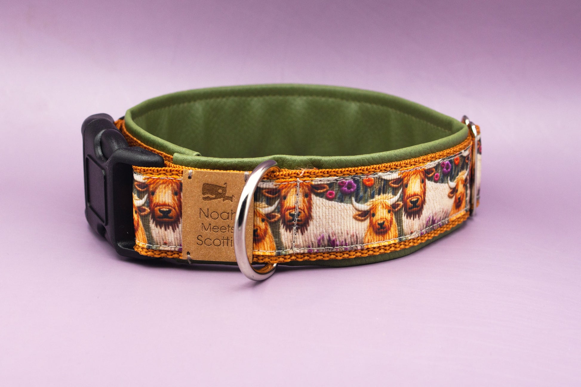 Hundehalsband FERDINAND, rustikales Design mit Hochlandrindern, naturfarben