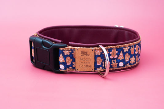 Hundehalsband GINGERBREAD mit Weihnachtsdesign und Lebkuchen-Motiven in Dunkelblau