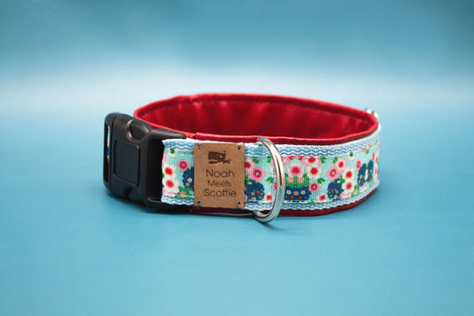 Hundehalsband Kaida gepolstert, verstellbar, asiatisches Blumenmuster rosa dunkelblau hellblau – Vorderansicht