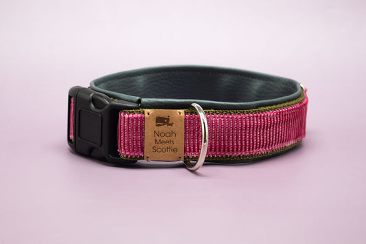 Hundehalsband Kaya mit glänzendem pinkfarbenem Cordstoff und olivgrünem Kunstlederfutter – Vorderansicht