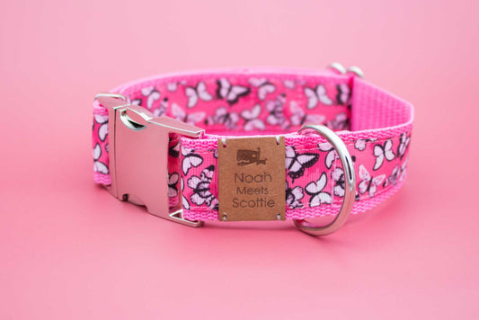 Hundehalsband KLEINE WUNDER – Schmetterling Motiv in Rosa und Schwarz, verspielt, romantisch, robust, verstellbar
