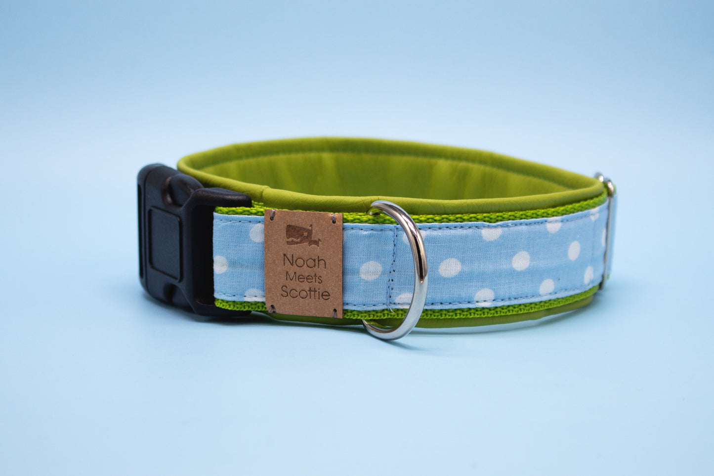 Hundehalsband LIMONA – hellblaues Punkte-Muster, limettengrüne Kante, weich gefüttert, verstellbar, leicht & robust, sommerlich
