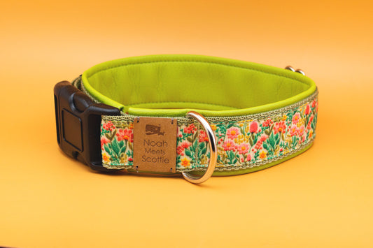 Gepolstertes Hundehalsband Meadow, verstellbar, Blumenwiesen-Design mit hellgrünem Kunstleder – Vorderansicht