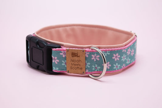 Gepolstertes Hundehalsband Milly, verstellbar, rosa und mint mit zartem Blumenmuster – Vorderansicht